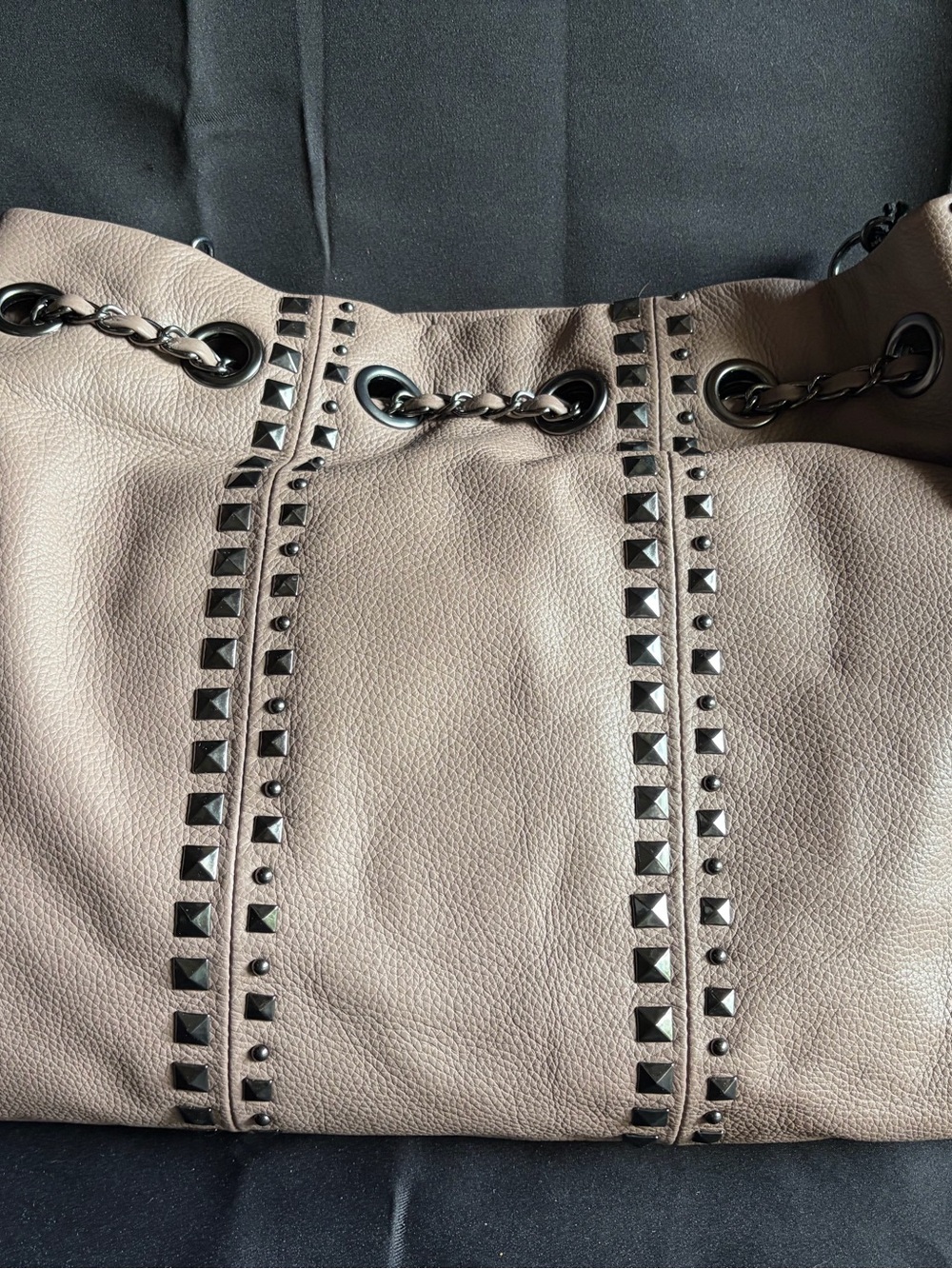 Studded Taupe Leather Shoulder Bag